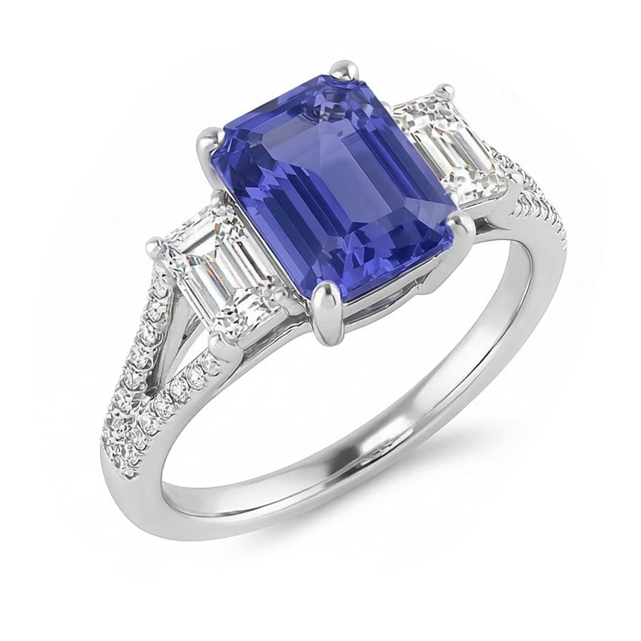 Natural Real ( Not Lab Grown )  Emerald 3 Stone Sapphire Ring With Accents Split Shank 3.50 Carats