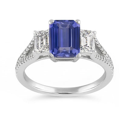 Natural Real ( Not Lab Grown )  Emerald 3 Stone Sapphire Ring With Accents Split Shank 3.50 Carats