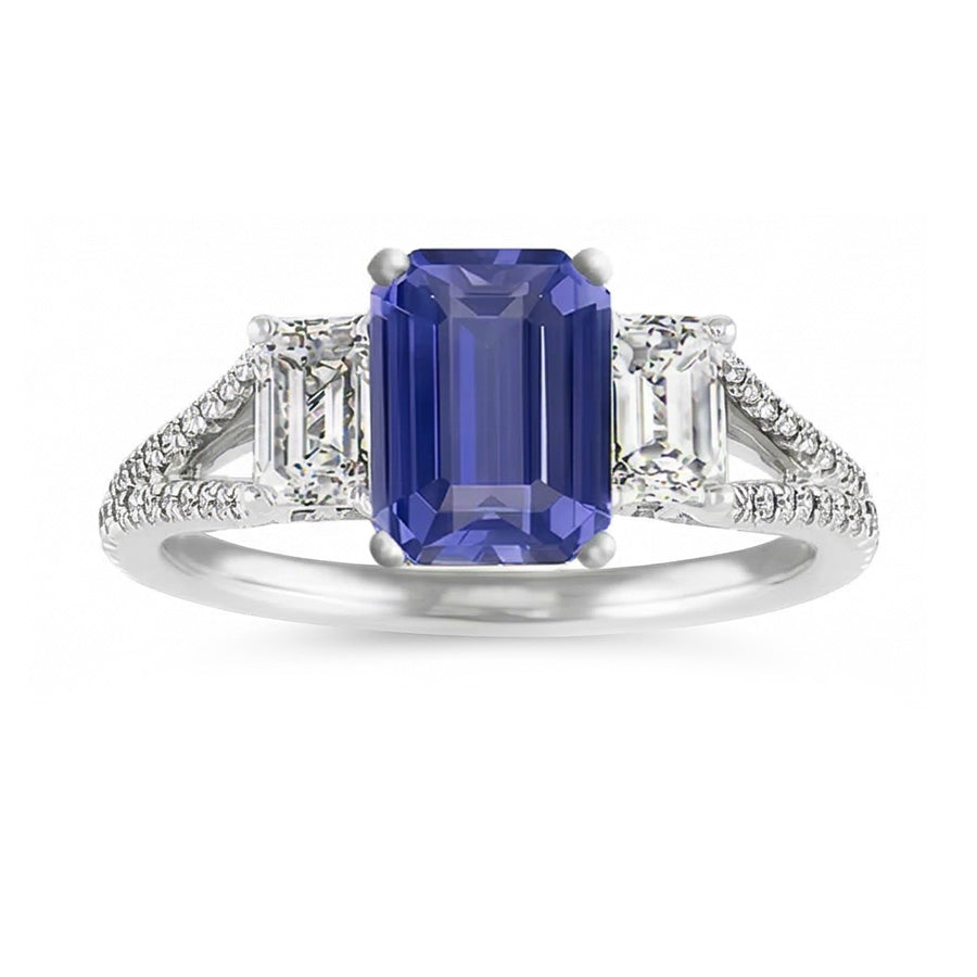 Natural Real ( Not Lab Grown )  Emerald 3 Stone Sapphire Ring With Accents Split Shank 3.50 Carats