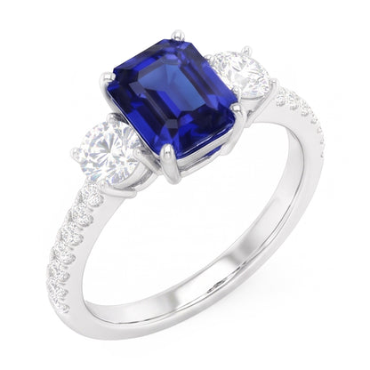 Natural Real ( Not Lab Grown )  Emerald Blue Sapphire 3 Stone Style Ring With Accents 7 Ct Gold 14K
