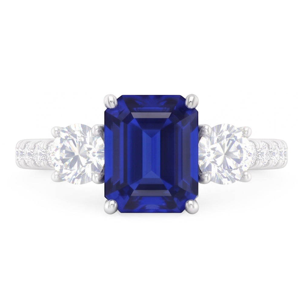 Natural Real ( Not Lab Grown )  Emerald Blue Sapphire 3 Stone Style Ring With Accents 7 Ct Gold 14K