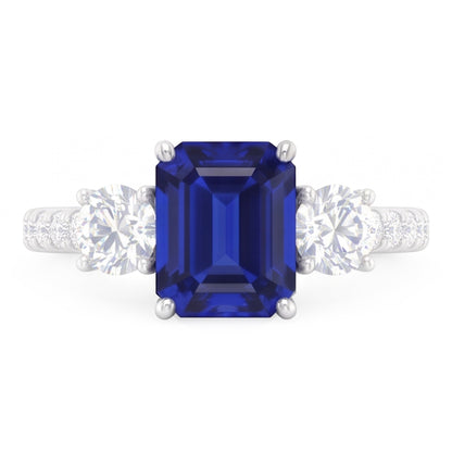 Natural Real ( Not Lab Grown )  Emerald Blue Sapphire 3 Stone Style Ring With Accents 7 Ct Gold 14K