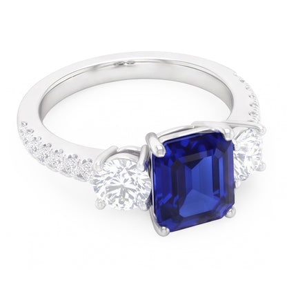 Natural Real ( Not Lab Grown )  Emerald Blue Sapphire 3 Stone Style Ring With Accents 7 Ct Gold 14K