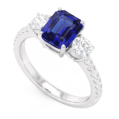 Natural Real ( Not Lab Grown )  Emerald Blue Sapphire 3 Stone Style Ring With Accents 7 Ct Gold 14K