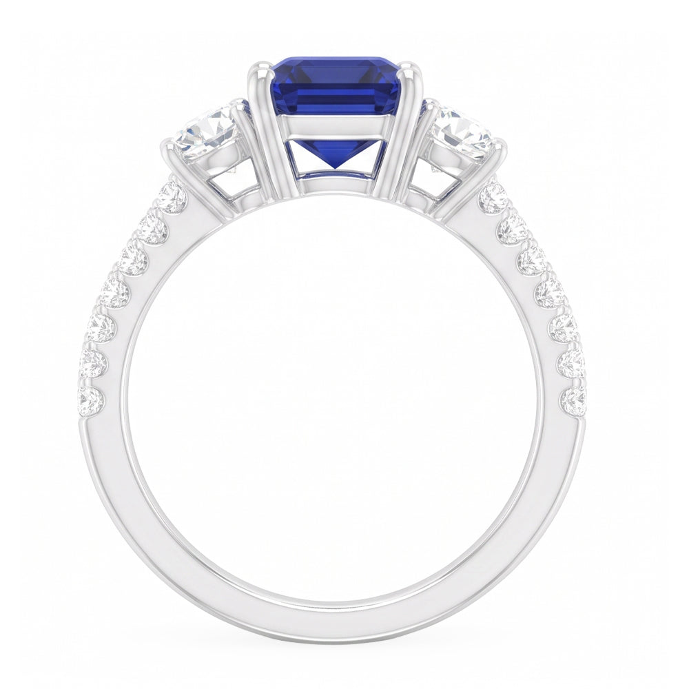Natural Real ( Not Lab Grown )  Emerald Blue Sapphire 3 Stone Style Ring With Accents 7 Ct Gold 14K
