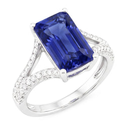 Natural Real ( Not Lab Grown )  Emerald Gemstone Blue Sapphire Ring 4.50 Carats White Gold Split Shank