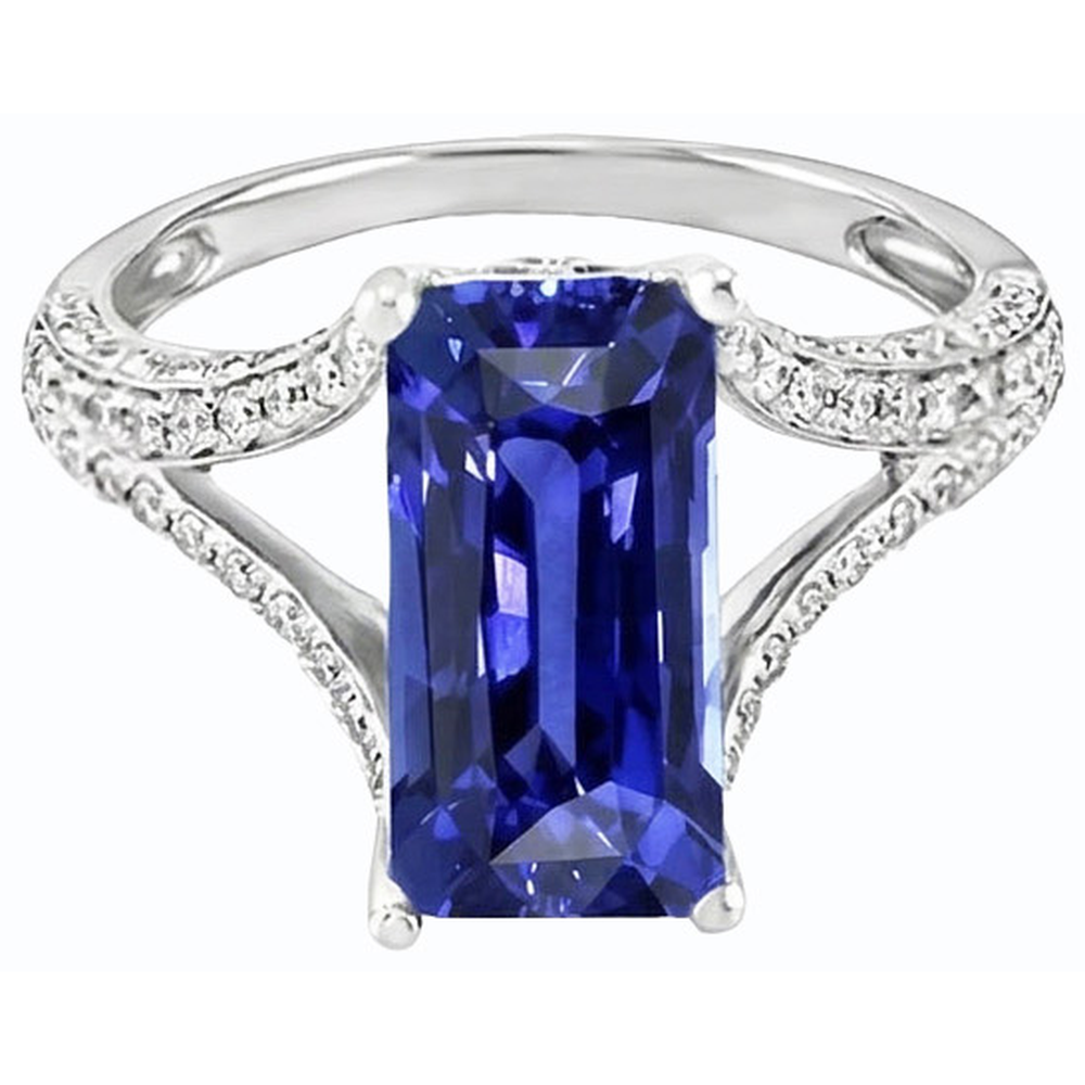 Natural Real ( Not Lab Grown )  Emerald Gemstone Blue Sapphire Ring 4.50 Carats White Gold Split Shank