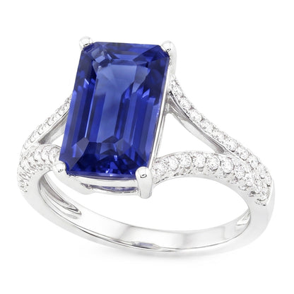 Natural Real ( Not Lab Grown )  Emerald Gemstone Blue Sapphire Ring 4.50 Carats White Gold Split Shank