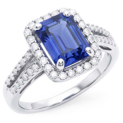 Natural Real ( Not Lab Grown )  Emerald Halo Engagement Ring Blue Sapphire 4 Carats Double Shank