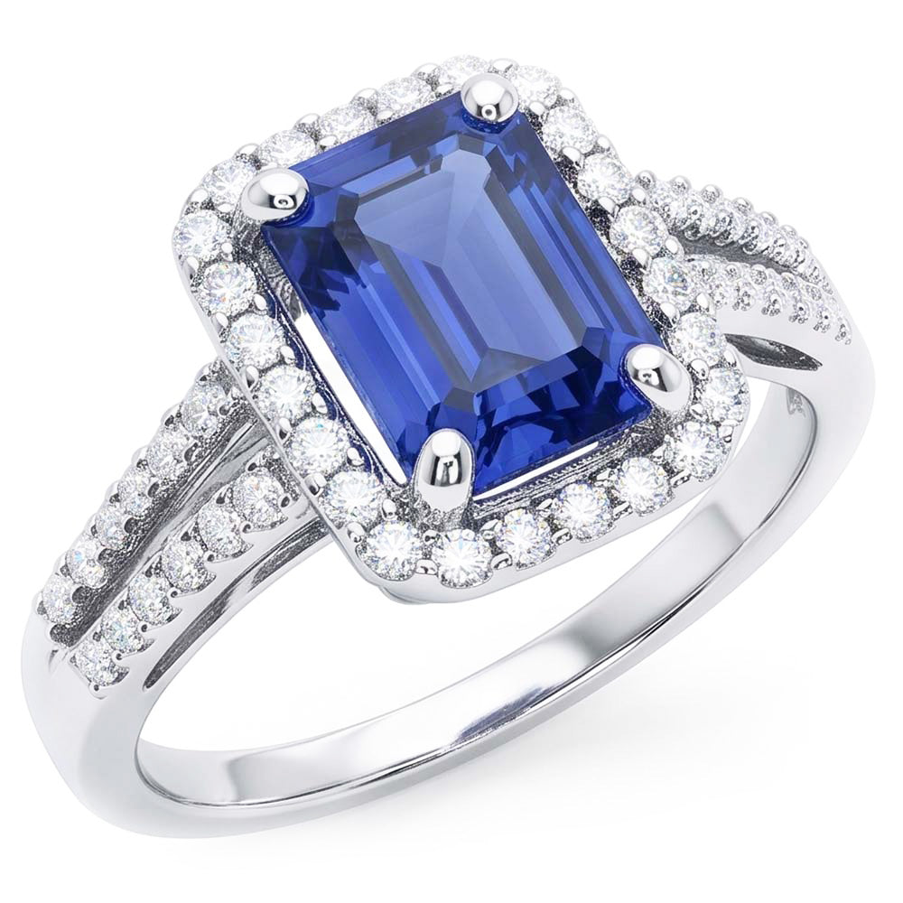 Natural Real ( Not Lab Grown )  Emerald Halo Engagement Ring Blue Sapphire 4 Carats Double Shank