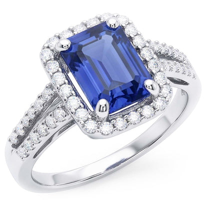Natural Real ( Not Lab Grown )  Emerald Halo Engagement Ring Blue Sapphire 4 Carats Double Shank