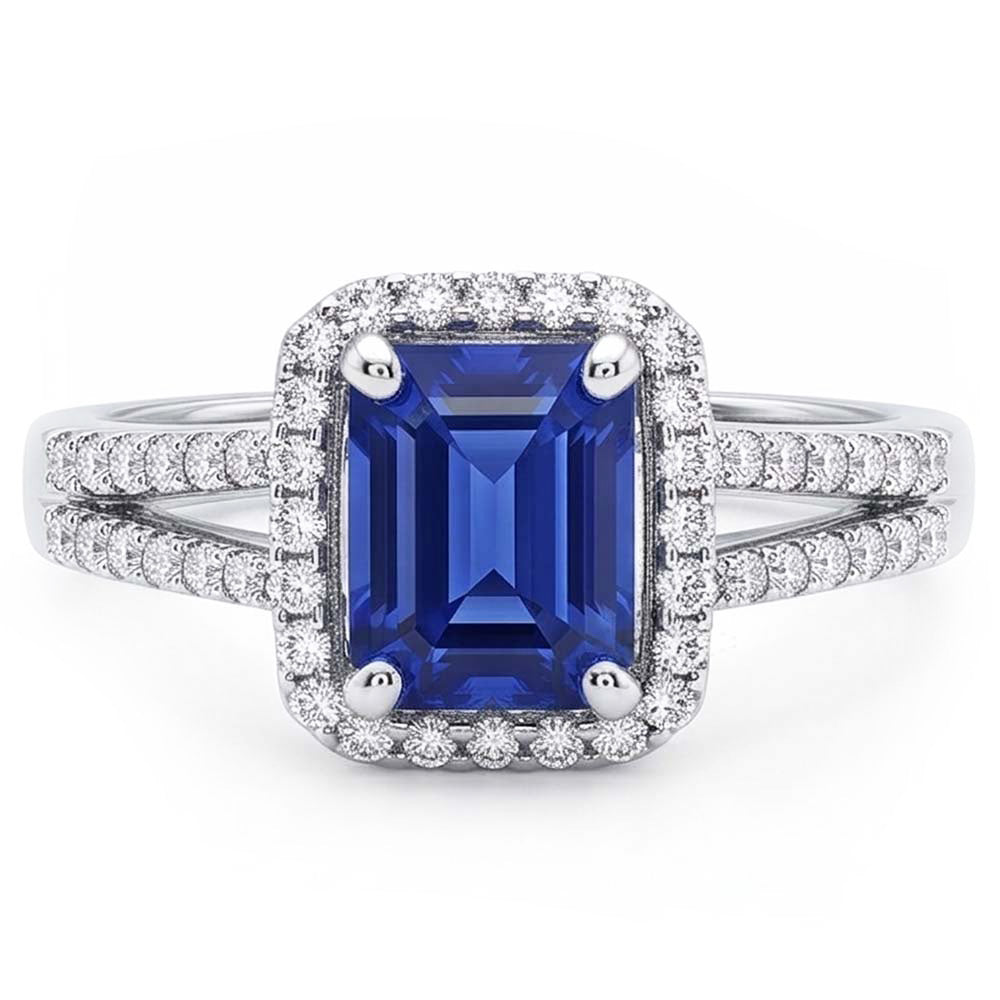 Natural Real ( Not Lab Grown )  Emerald Halo Engagement Ring Blue Sapphire 4 Carats Double Shank