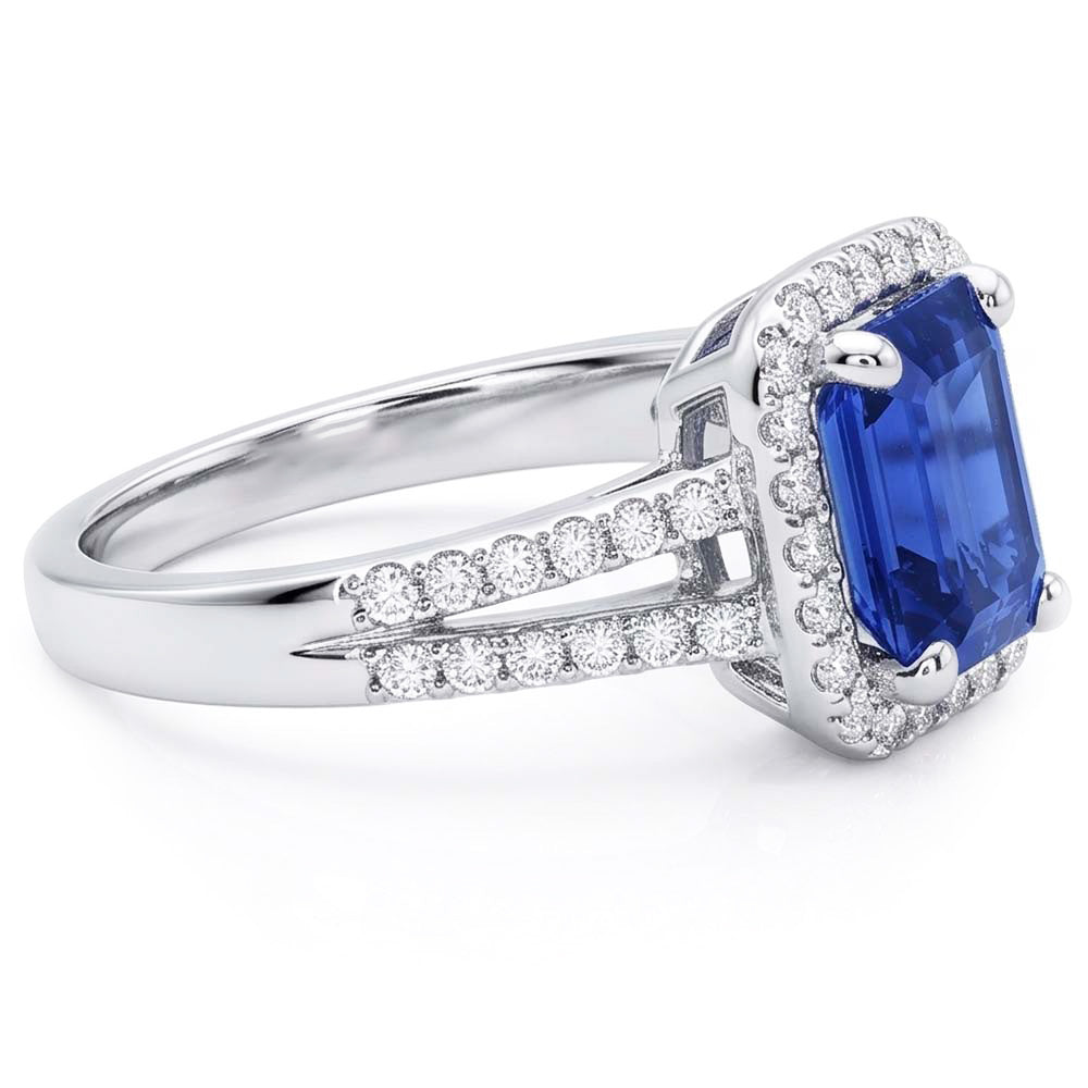 Natural Real ( Not Lab Grown )  Emerald Halo Engagement Ring Blue Sapphire 4 Carats Double Shank