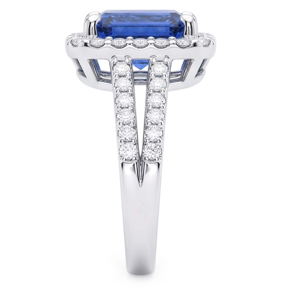 Natural Real ( Not Lab Grown )  Emerald Halo Engagement Ring Blue Sapphire 4 Carats Double Shank