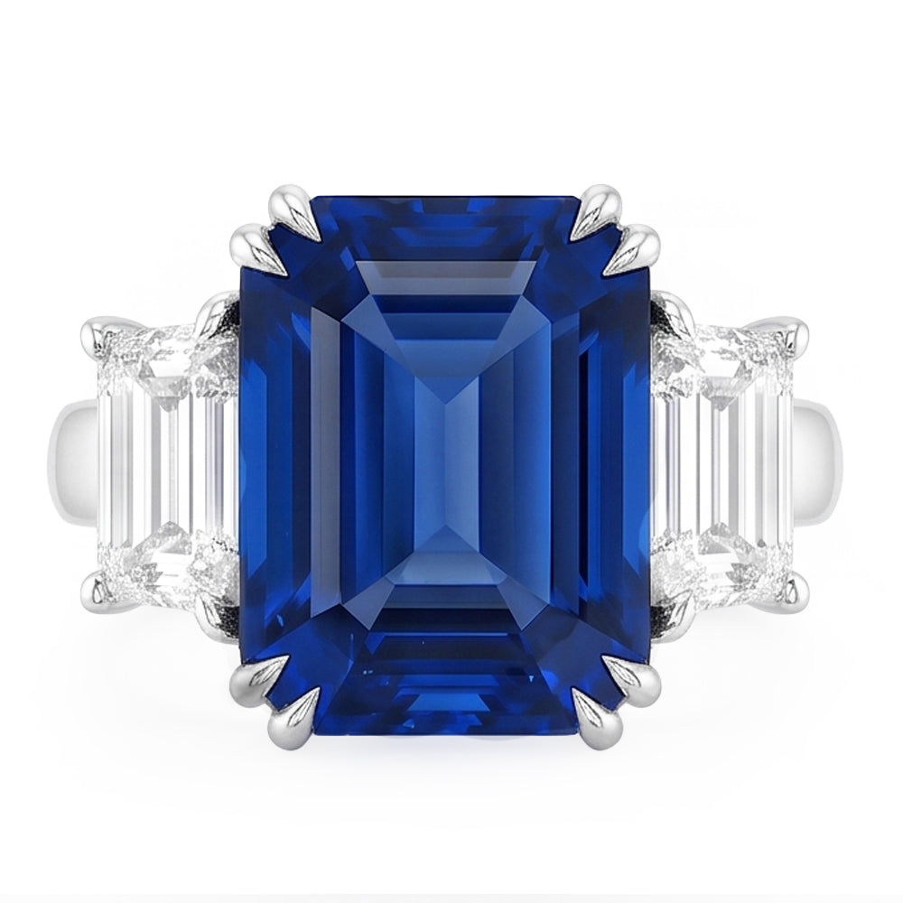 Natural Real ( Not Lab Grown )  Emerald Three Stone Blue Sapphire Ring 3.50 Carats Women’s Jewelry