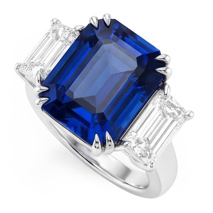 Natural Real ( Not Lab Grown )  Emerald Three Stone Blue Sapphire Ring 3.50 Carats Women’s Jewelry