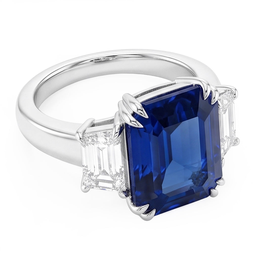 Natural Real ( Not Lab Grown )  Emerald Three Stone Blue Sapphire Ring 3.50 Carats Women’s Jewelry