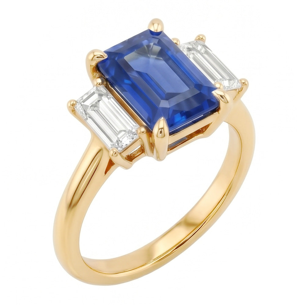 Natural Real ( Not Lab Grown )  Engagement 3 Stone Blue Sapphire Emerald & Baguette Cut Ring 3 Carats
