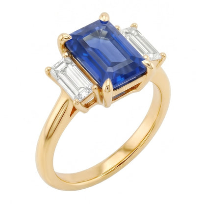 Natural Real ( Not Lab Grown )  Engagement 3 Stone Blue Sapphire Emerald & Baguette Cut Ring 3 Carats