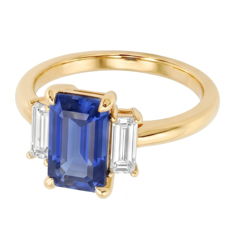 Natural Real ( Not Lab Grown )  Engagement 3 Stone Blue Sapphire Emerald & Baguette Cut Ring 3 Carats