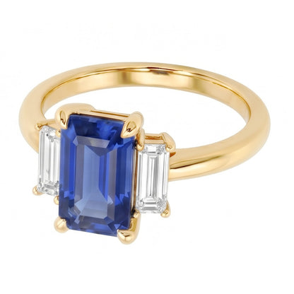 Natural Real ( Not Lab Grown )  Engagement 3 Stone Blue Sapphire Emerald & Baguette Cut Ring 3 Carats
