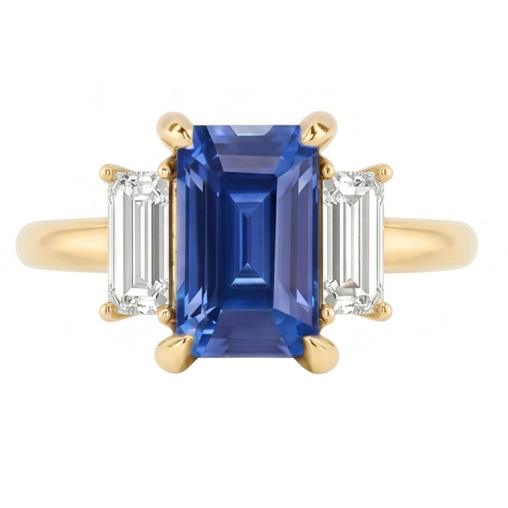 Natural Real ( Not Lab Grown )  Engagement 3 Stone Blue Sapphire Emerald & Baguette Cut Ring 3 Carats