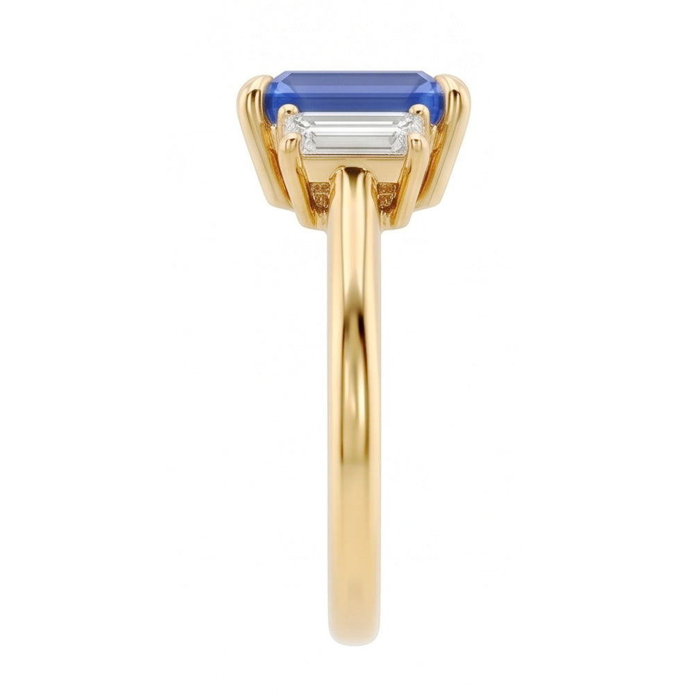 Natural Real ( Not Lab Grown )  Engagement 3 Stone Blue Sapphire Emerald & Baguette Cut Ring 3 Carats