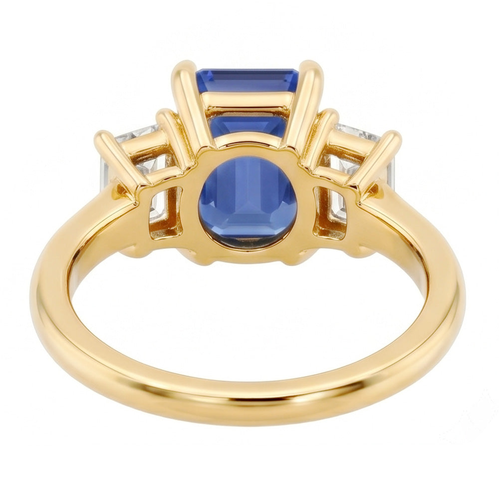 Natural Real ( Not Lab Grown )  Engagement 3 Stone Blue Sapphire Emerald & Baguette Cut Ring 3 Carats