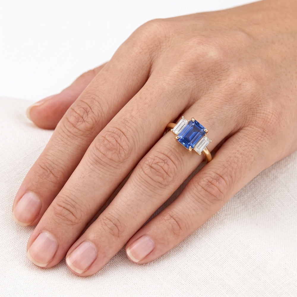 Natural Real ( Not Lab Grown )  Engagement 3 Stone Blue Sapphire Emerald & Baguette Cut Ring 3 Carats