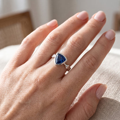 Natural Real ( Not Lab Grown )  Engagement Solitaire Ring Trillion Bezel Set Blue Sapphire 1 Carat