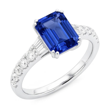 Natural Real ( Not Lab Grown )  Gemstone Blue Sapphire Ring Baguette & Round Accents 3.50 Carats