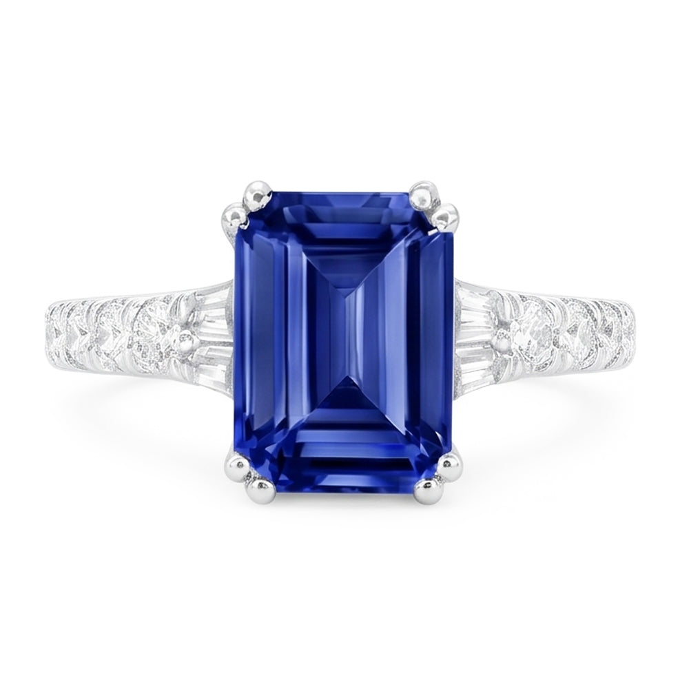 Natural Real ( Not Lab Grown )  Gemstone Blue Sapphire Ring Baguette & Round Accents 3.50 Carats