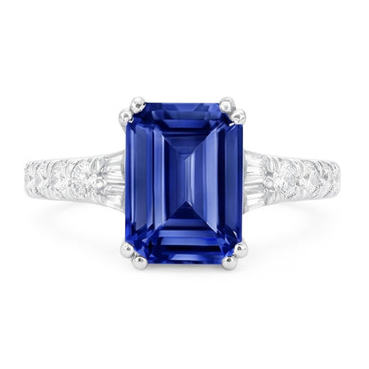 Natural Real ( Not Lab Grown )  Gemstone Blue Sapphire Ring Baguette & Round Accents 3.50 Carats