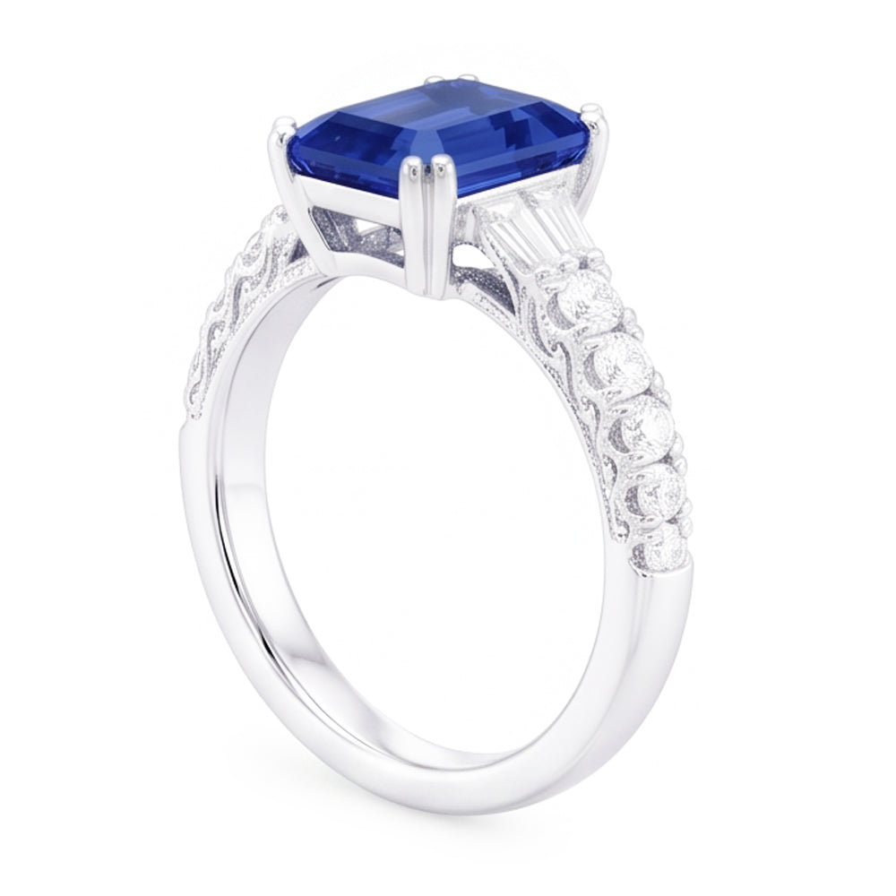 Natural Real ( Not Lab Grown )  Gemstone Blue Sapphire Ring Baguette & Round Accents 3.50 Carats