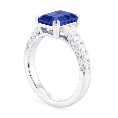 Natural Real ( Not Lab Grown )  Gemstone Blue Sapphire Ring Baguette & Round Accents 3.50 Carats