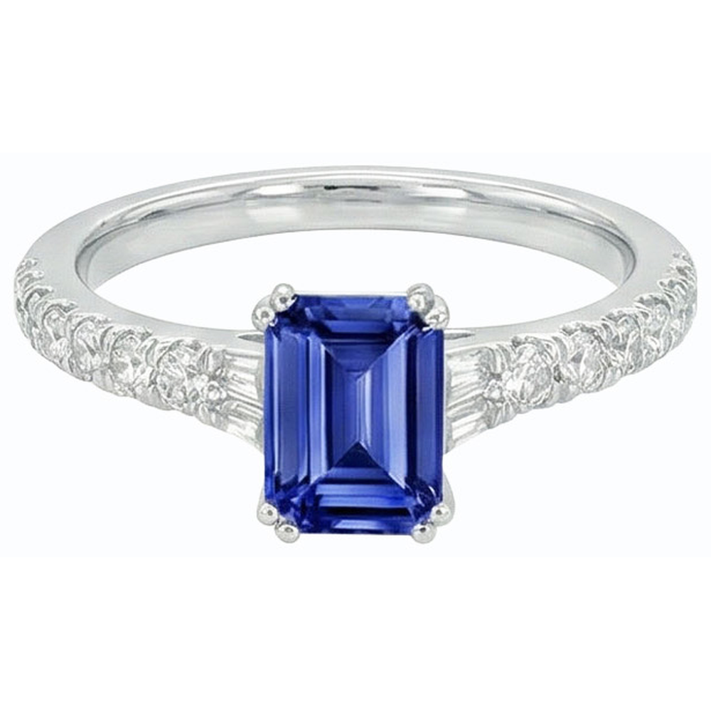 Natural Real ( Not Lab Grown )  Gemstone Blue Sapphire Ring Baguette & Round Accents 3.50 Carats