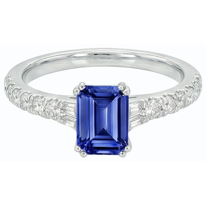 Natural Real ( Not Lab Grown )  Gemstone Blue Sapphire Ring Baguette & Round Accents 3.50 Carats