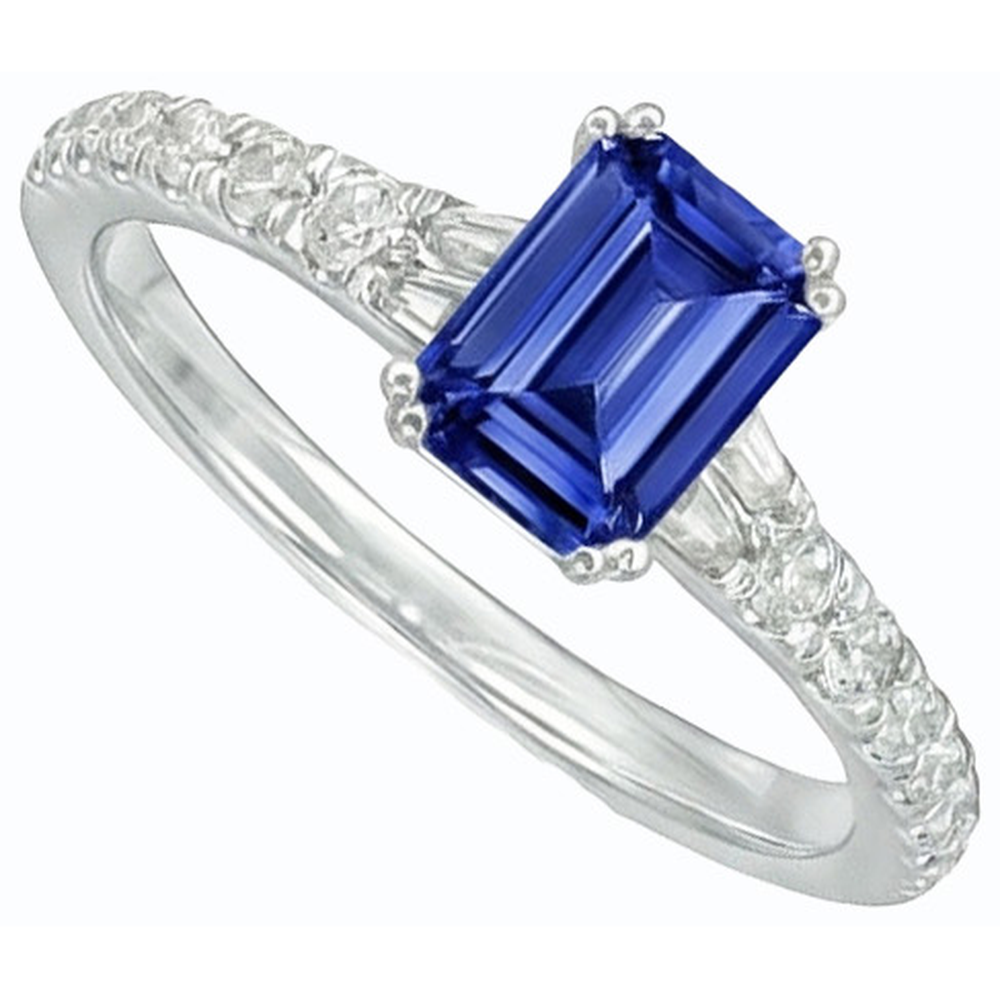 Natural Real ( Not Lab Grown )  Gemstone Blue Sapphire Ring Baguette & Round Accents 3.50 Carats