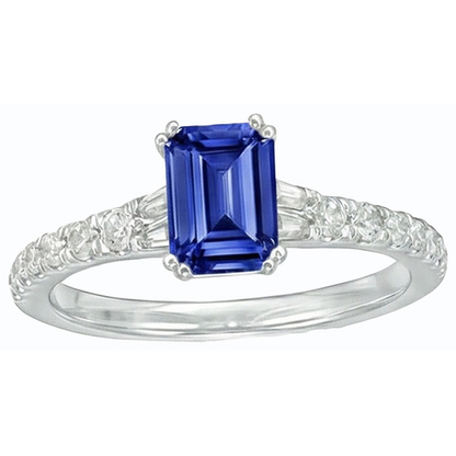 Natural Real ( Not Lab Grown )  Gemstone Blue Sapphire Ring Baguette & Round Accents 3.50 Carats