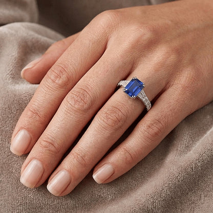 Natural Real ( Not Lab Grown )  Gemstone Blue Sapphire Ring Baguette & Round Accents 3.50 Carats