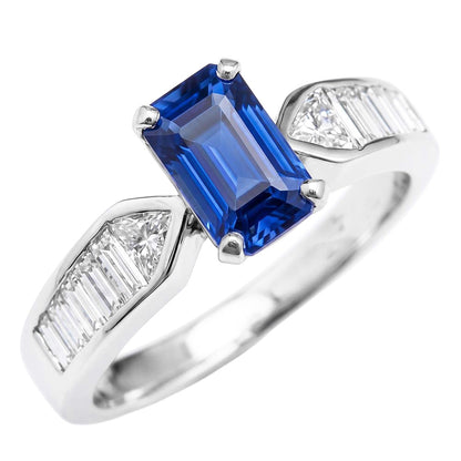 Natural Real ( Not Lab Grown )  Gemstone Blue Sapphire Ring Trillion & Baguettes Accented 3.50 Carats