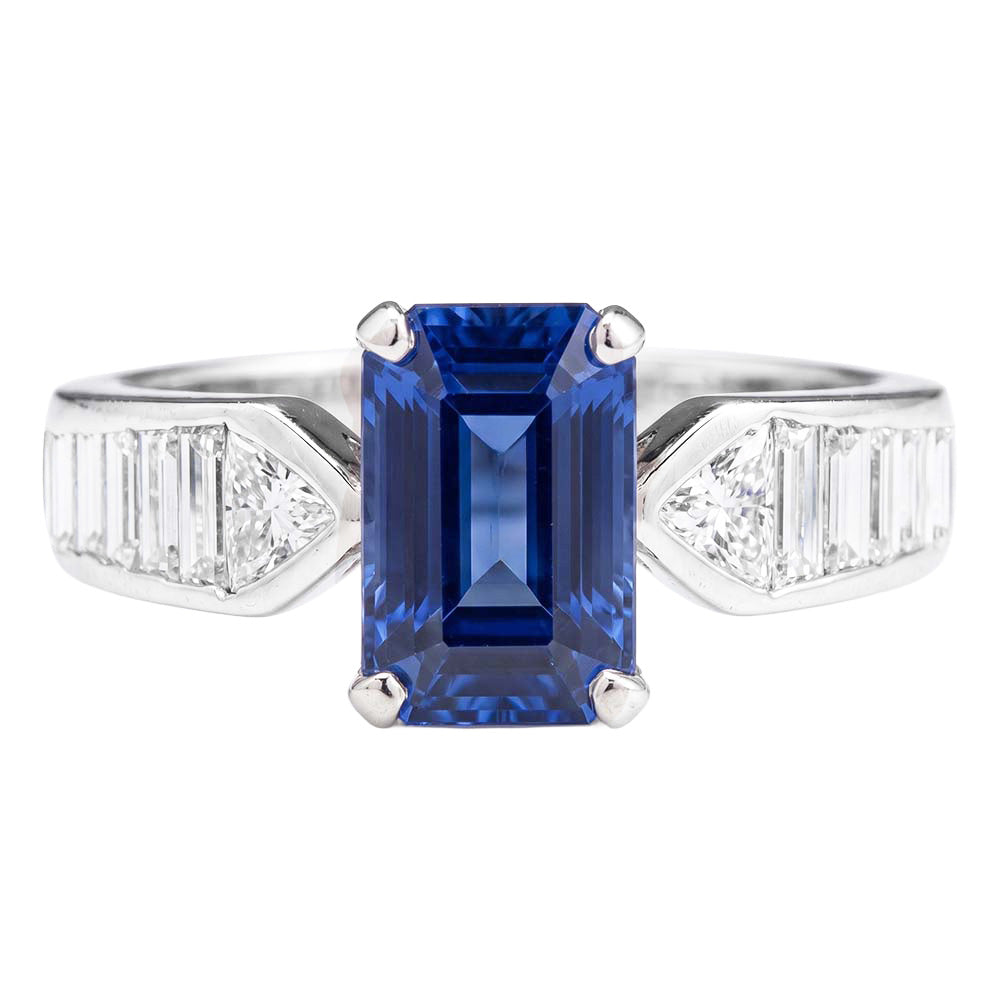 Natural Real ( Not Lab Grown )  Gemstone Blue Sapphire Ring Trillion & Baguettes Accented 3.50 Carats