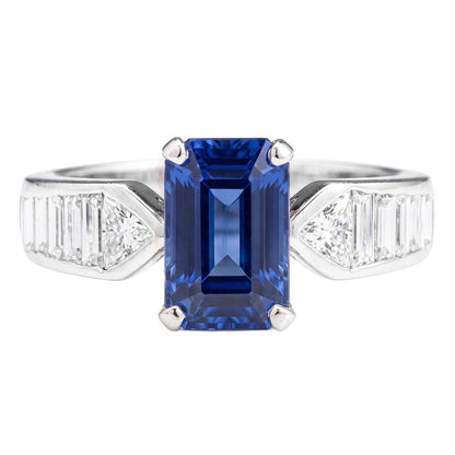 Natural Real ( Not Lab Grown )  Gemstone Blue Sapphire Ring Trillion & Baguettes Accented 3.50 Carats