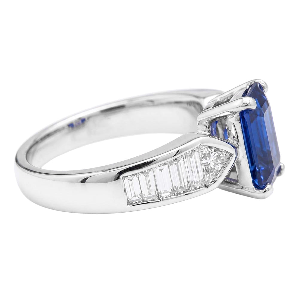 Natural Real ( Not Lab Grown )  Gemstone Blue Sapphire Ring Trillion & Baguettes Accented 3.50 Carats