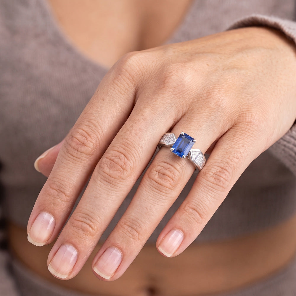 Natural Real ( Not Lab Grown )  Gemstone Blue Sapphire Ring Trillion & Baguettes Accented 3.50 Carats