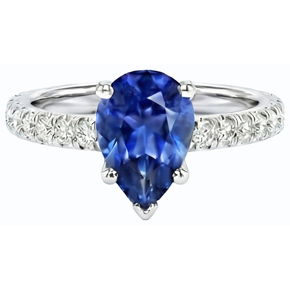 Natural Real ( Not Lab Grown )  Gemstone Engagement Ring Pear Ceylon Sapphire Pave Set 3.50 Carats