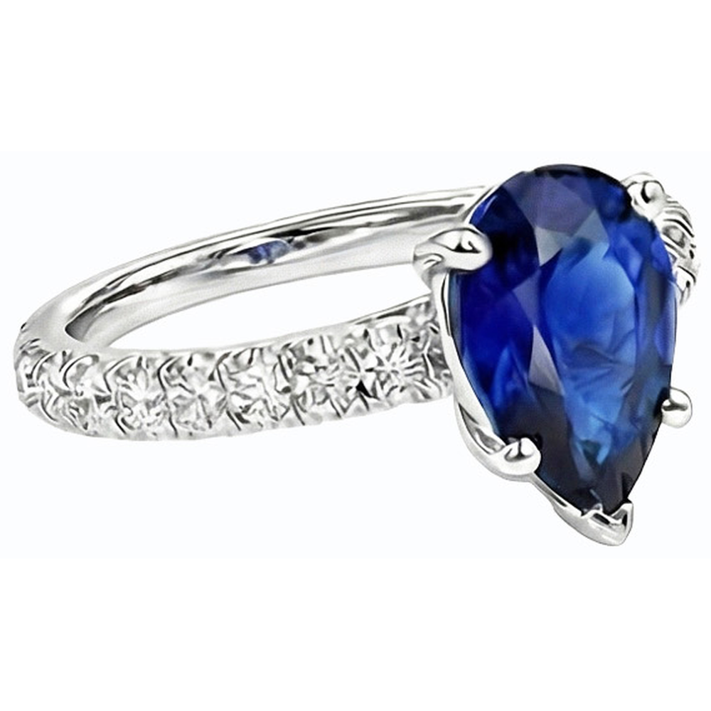 Natural Real ( Not Lab Grown )  Gemstone Engagement Ring Pear Ceylon Sapphire Pave Set 3.50 Carats