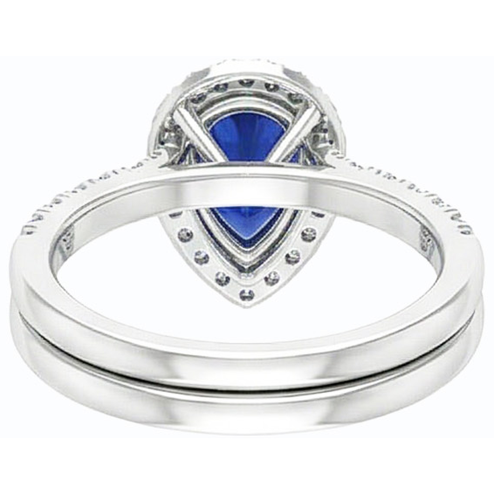 Natural Real ( Not Lab Grown )  Gemstone Halo Engagement Ring Set Pear Blue Sapphire 2.50 Carats