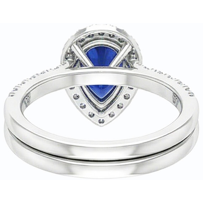 Natural Real ( Not Lab Grown )  Gemstone Halo Engagement Ring Set Pear Blue Sapphire 2.50 Carats