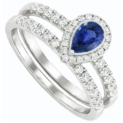 Natural Real ( Not Lab Grown )  Gemstone Halo Engagement Ring Set Pear Blue Sapphire 2.50 Carats